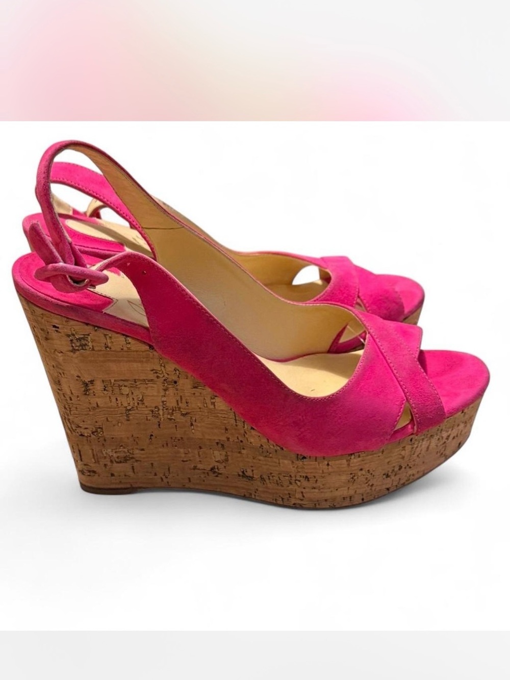 Christian Louboutin Hot Pink Suede Cork Wedge Sandals